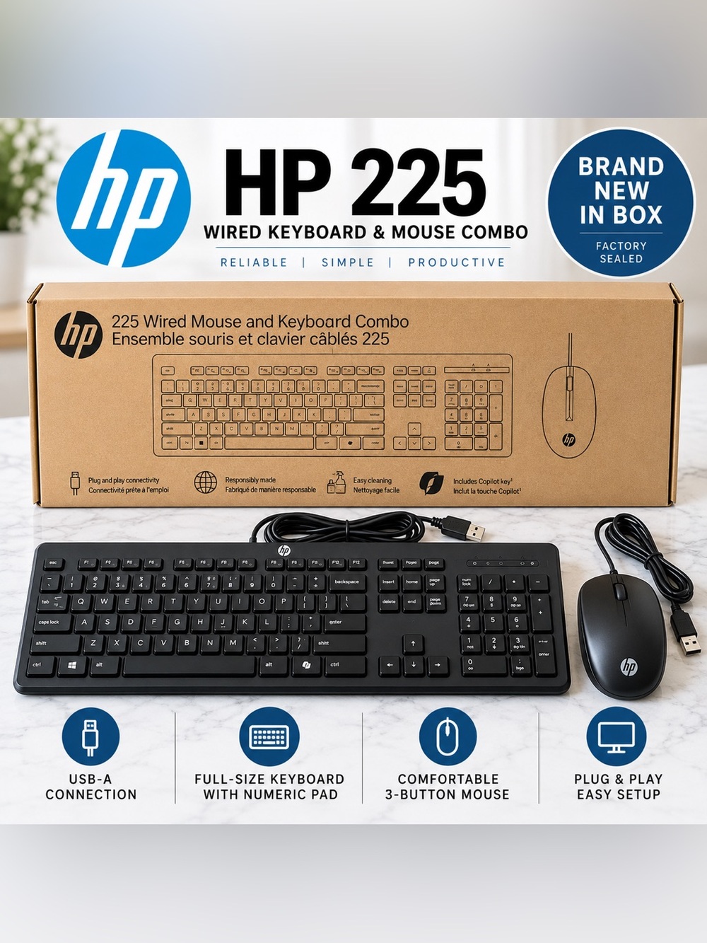 HP 225 Wired Keyboard & Mouse Combo Black USB Plug & Play New